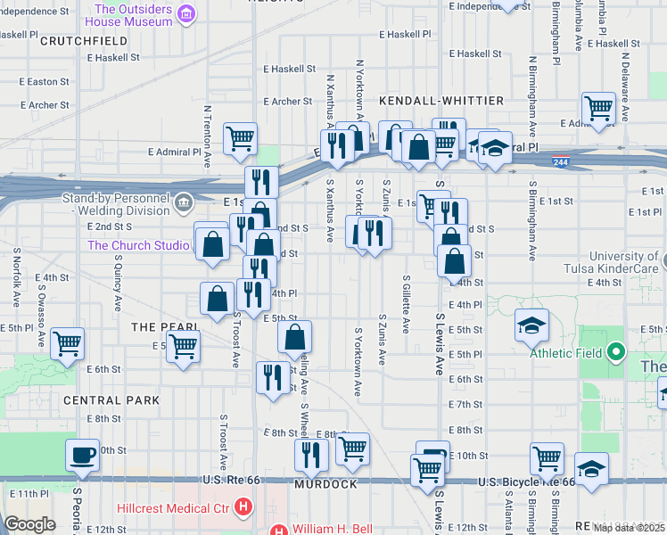 map of restaurants, bars, coffee shops, grocery stores, and more near 318 South Xanthus Avenue in Tulsa