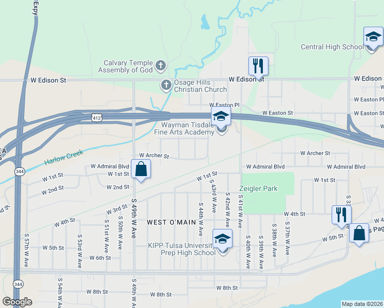 map of restaurants, bars, coffee shops, grocery stores, and more near 109 North 44th West Avenue in Tulsa