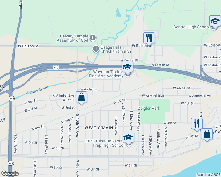 map of restaurants, bars, coffee shops, grocery stores, and more near 109 North 44th West Avenue in Tulsa