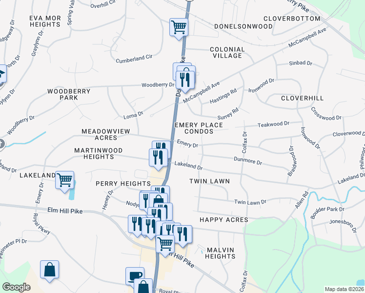 map of restaurants, bars, coffee shops, grocery stores, and more near 2807 Emery Drive in Nashville