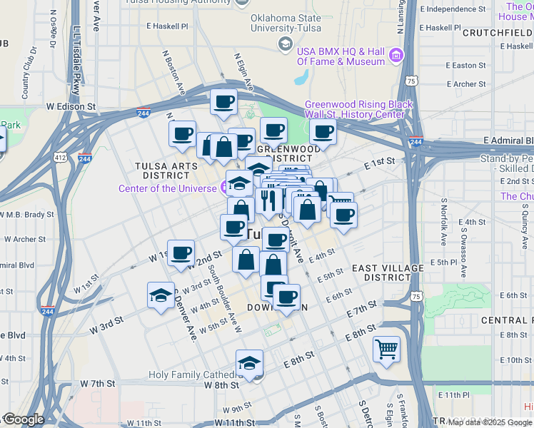 map of restaurants, bars, coffee shops, grocery stores, and more near 105 South Cincinnati Avenue in Tulsa