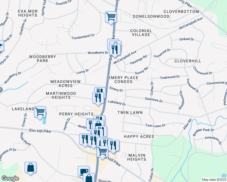 map of restaurants, bars, coffee shops, grocery stores, and more near 2807 Emery Drive in Nashville