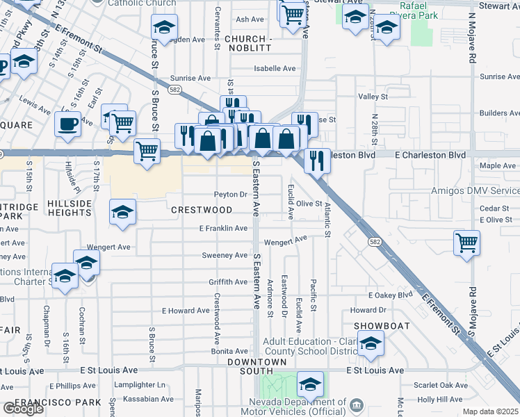 map of restaurants, bars, coffee shops, grocery stores, and more near 1206 South Eastern Avenue in Las Vegas