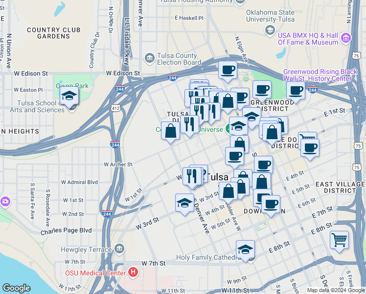 map of restaurants, bars, coffee shops, grocery stores, and more near 18 North Cheyenne Avenue in Tulsa