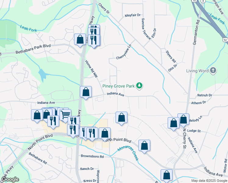 map of restaurants, bars, coffee shops, grocery stores, and more near 4905 Indiana Avenue in Winston-Salem