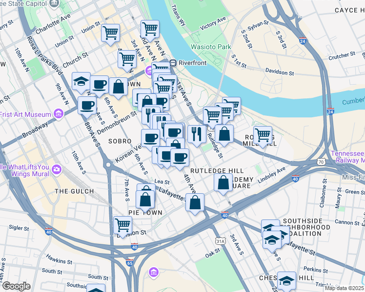 map of restaurants, bars, coffee shops, grocery stores, and more near 379 Peabody Street in Nashville