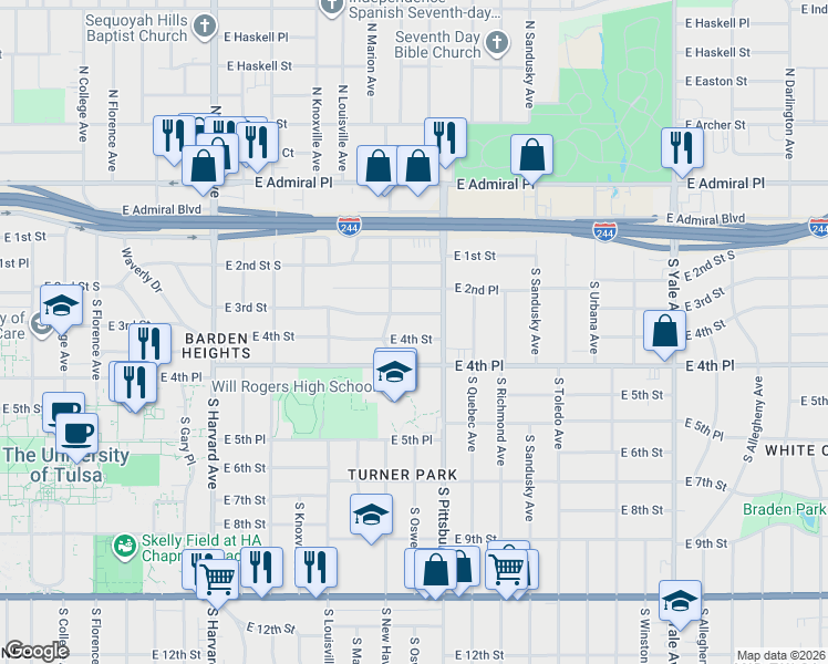 map of restaurants, bars, coffee shops, grocery stores, and more near 3925 East 4th Street in Tulsa