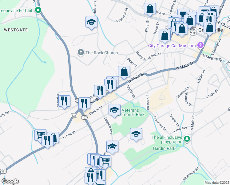 map of restaurants, bars, coffee shops, grocery stores, and more near 915 West Main Street in Greeneville