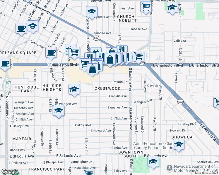 map of restaurants, bars, coffee shops, grocery stores, and more near 1933 Houston Drive in Las Vegas