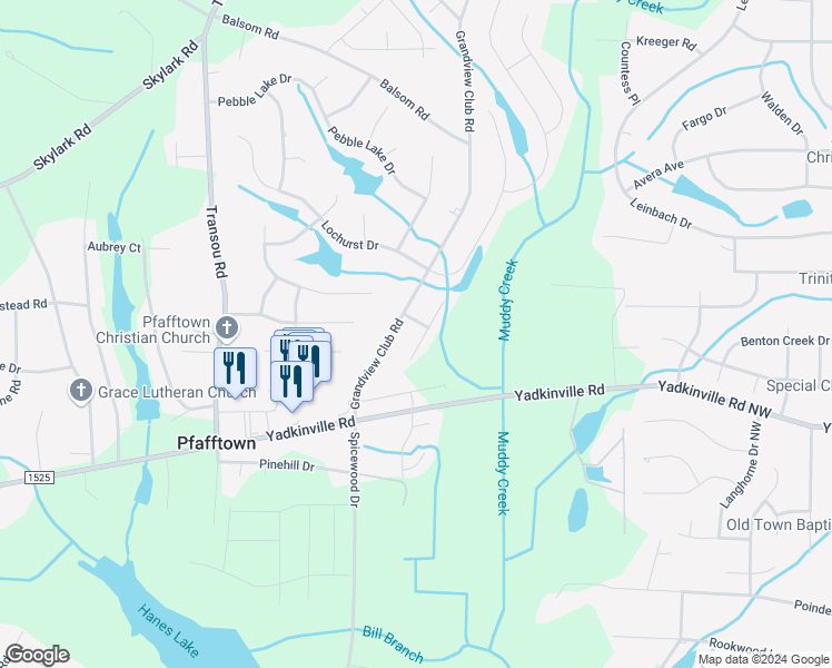 map of restaurants, bars, coffee shops, grocery stores, and more near 3981 Highland Creek Court in Pfafftown