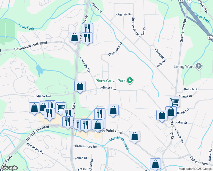 map of restaurants, bars, coffee shops, grocery stores, and more near 4905 Indiana Avenue in Winston-Salem