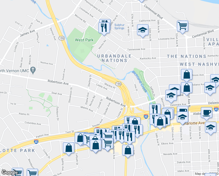 map of restaurants, bars, coffee shops, grocery stores, and more near 5810 Leslie Ave in Nashville