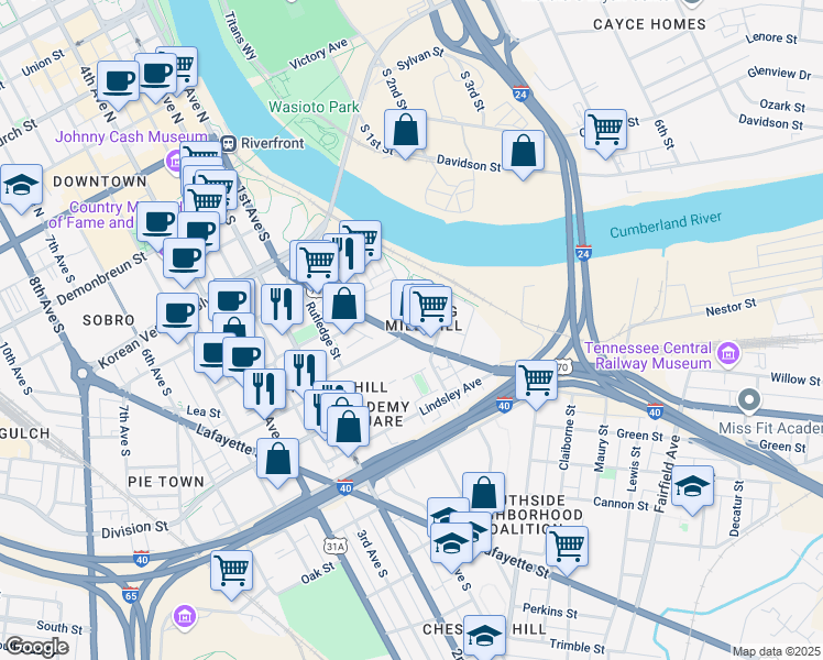 map of restaurants, bars, coffee shops, grocery stores, and more near 115 Middleton Street in Nashville