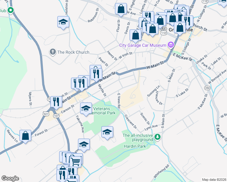 map of restaurants, bars, coffee shops, grocery stores, and more near 718 Forest Street in Greeneville