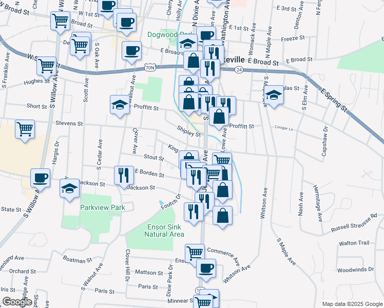 map of restaurants, bars, coffee shops, grocery stores, and more near 214 King Street in Cookeville