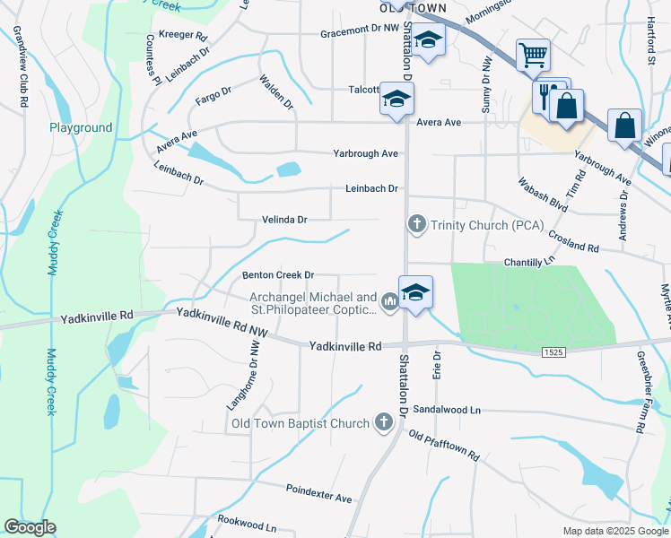 map of restaurants, bars, coffee shops, grocery stores, and more near 4063 Benton Creek Drive in Winston-Salem