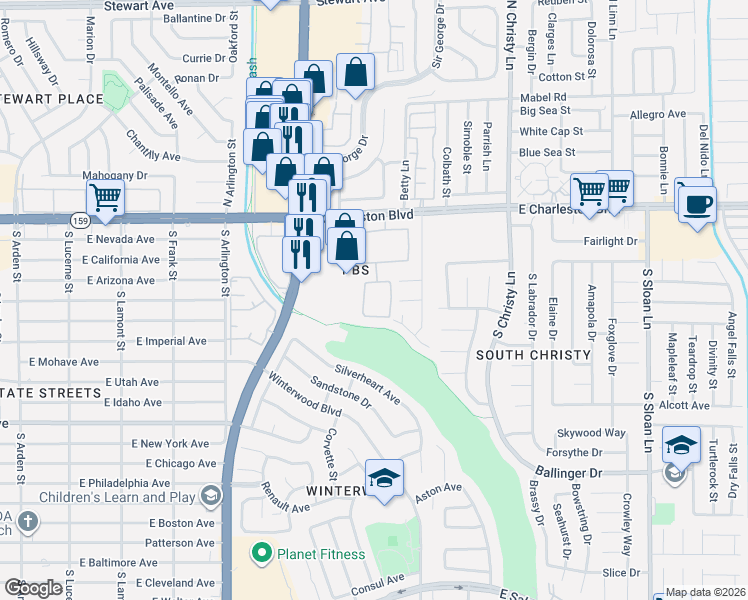 map of restaurants, bars, coffee shops, grocery stores, and more near 5225 East Charleston Boulevard in Las Vegas