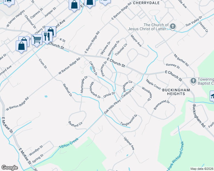map of restaurants, bars, coffee shops, grocery stores, and more near 1007 Martingale Drive in Greeneville