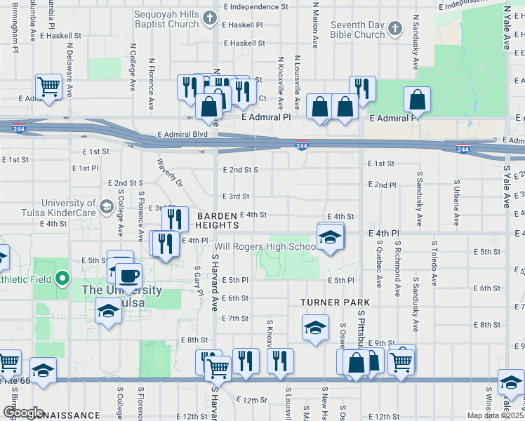 map of restaurants, bars, coffee shops, grocery stores, and more near 3520 East 4th Street in Tulsa
