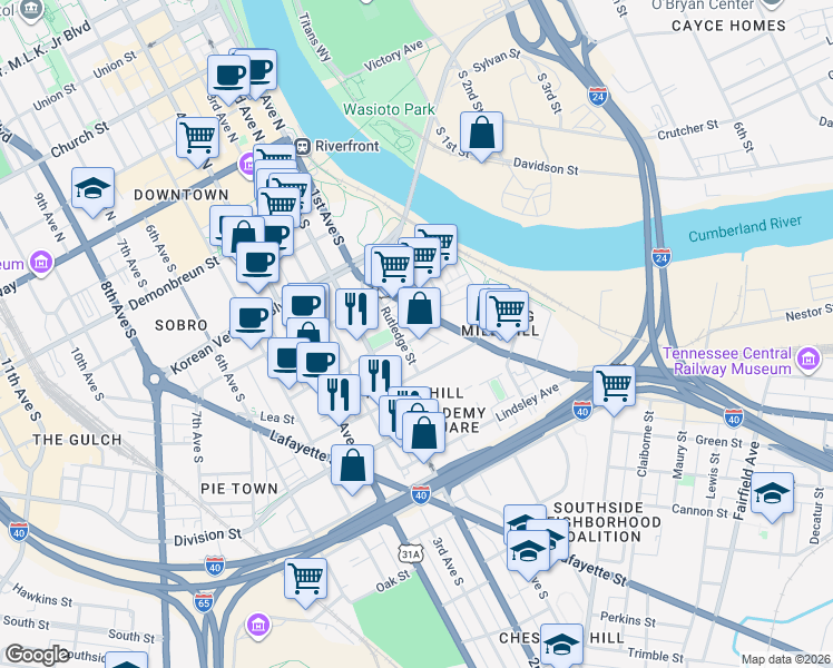 map of restaurants, bars, coffee shops, grocery stores, and more near 34 Rutledge Street in Nashville