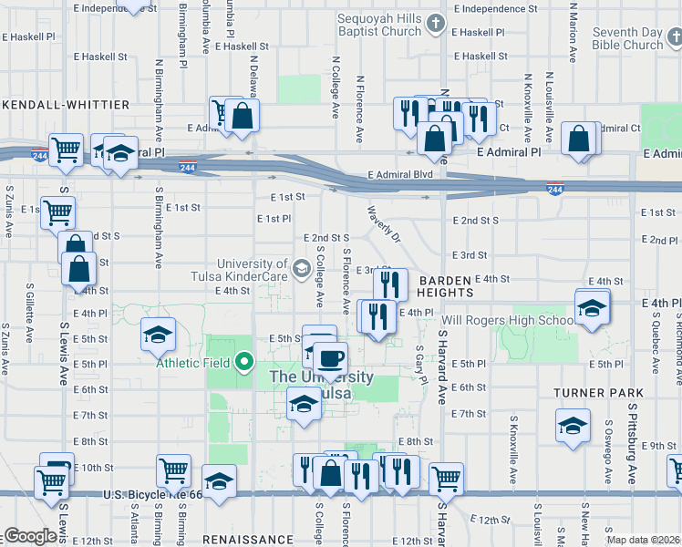 map of restaurants, bars, coffee shops, grocery stores, and more near 3106 East 3rd Street in Tulsa