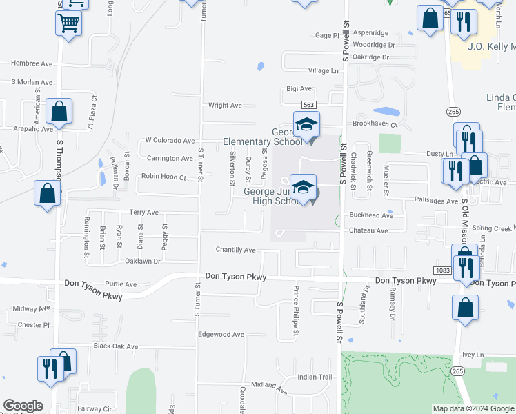map of restaurants, bars, coffee shops, grocery stores, and more near 3200 Lynette Street in Springdale