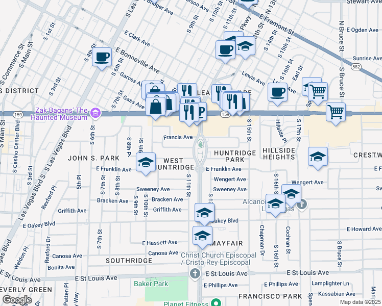 map of restaurants, bars, coffee shops, grocery stores, and more near 1251 South Maryland Parkway in Las Vegas