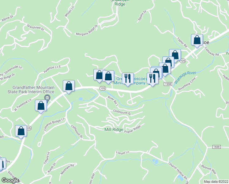 map of restaurants, bars, coffee shops, grocery stores, and more near 9311 North Carolina 105 in Banner Elk
