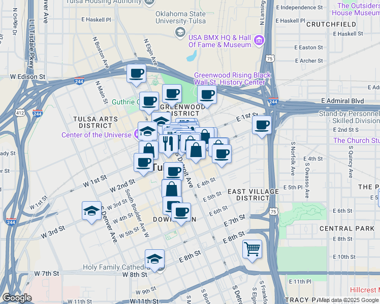map of restaurants, bars, coffee shops, grocery stores, and more near 323 East 2nd Street in Tulsa