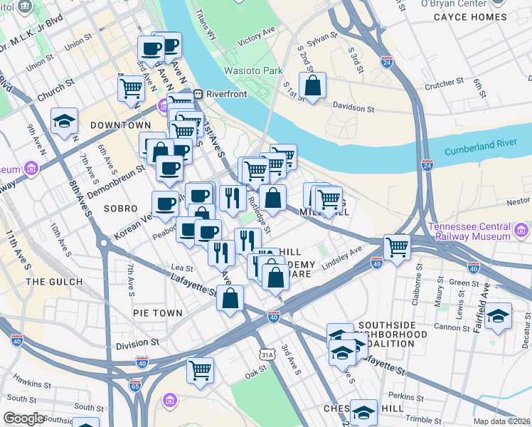 map of restaurants, bars, coffee shops, grocery stores, and more near 34 Rutledge Street in Nashville