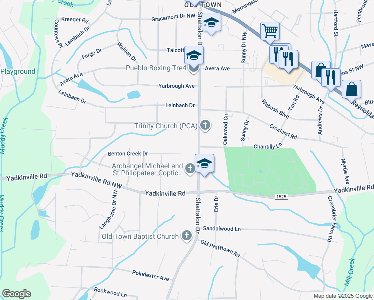 map of restaurants, bars, coffee shops, grocery stores, and more near 3966 Benton Creek Drive in Winston-Salem