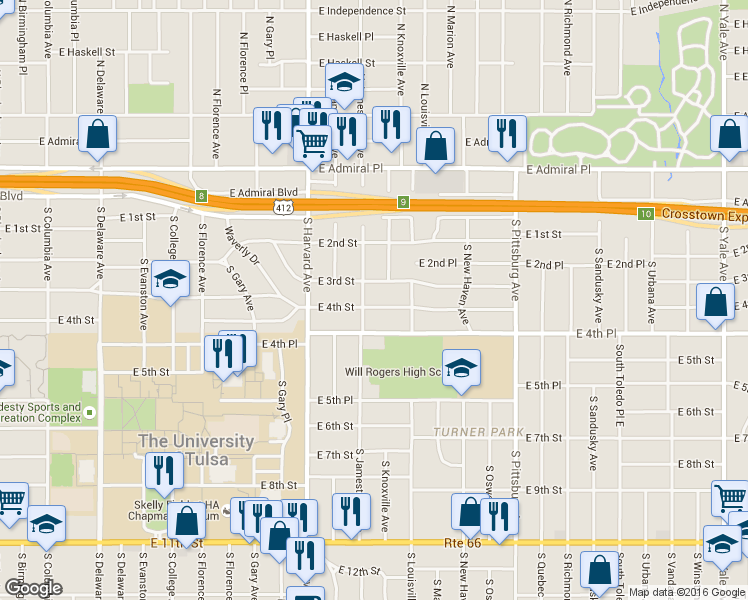 map of restaurants, bars, coffee shops, grocery stores, and more near 3520 East 4th Street in Tulsa