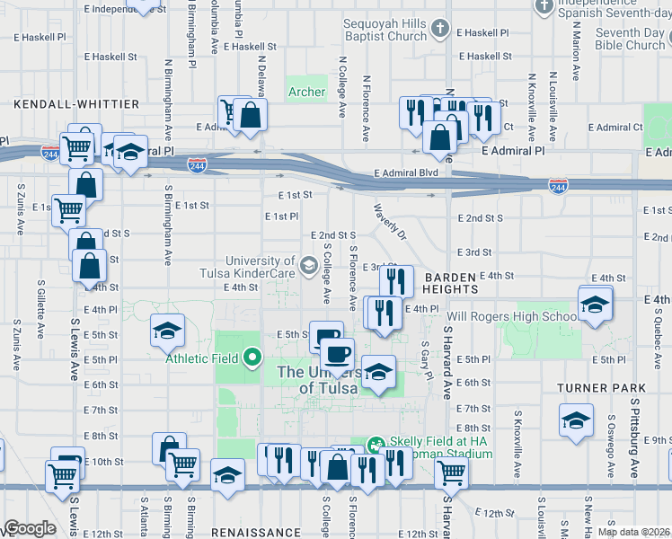 map of restaurants, bars, coffee shops, grocery stores, and more near 307 South College Avenue in Tulsa