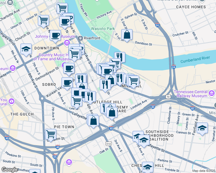 map of restaurants, bars, coffee shops, grocery stores, and more near 34 Rutledge Street in Nashville