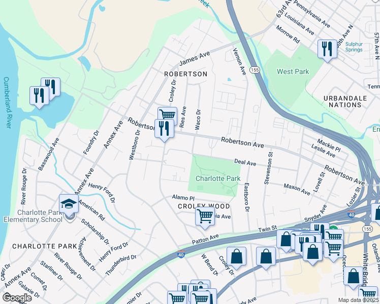 map of restaurants, bars, coffee shops, grocery stores, and more near 503 Nall Avenue in Nashville