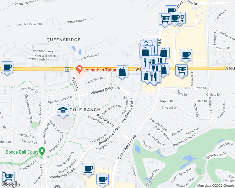 map of restaurants, bars, coffee shops, grocery stores, and more near 1404 Sunblush Lane in Las Vegas