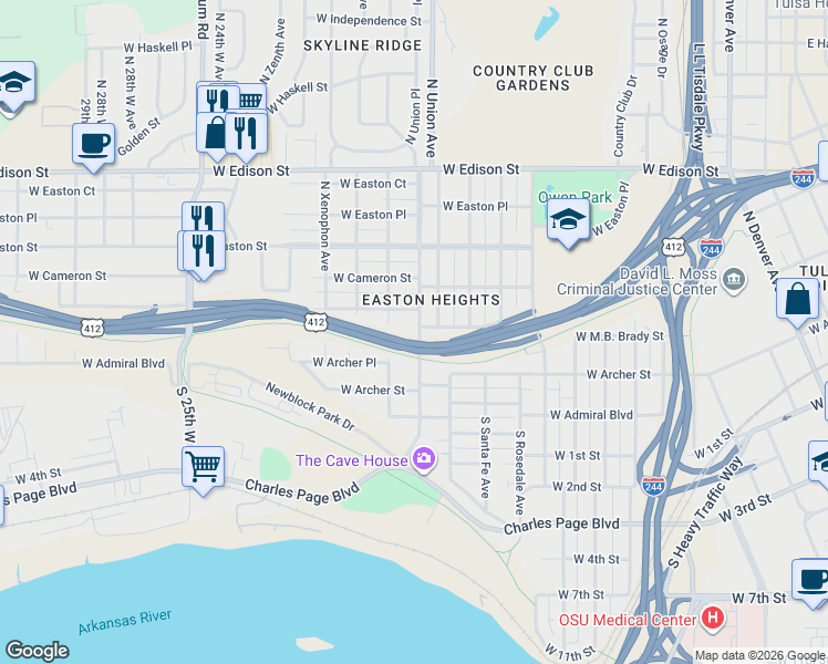 map of restaurants, bars, coffee shops, grocery stores, and more near 148 North Union Avenue in Tulsa