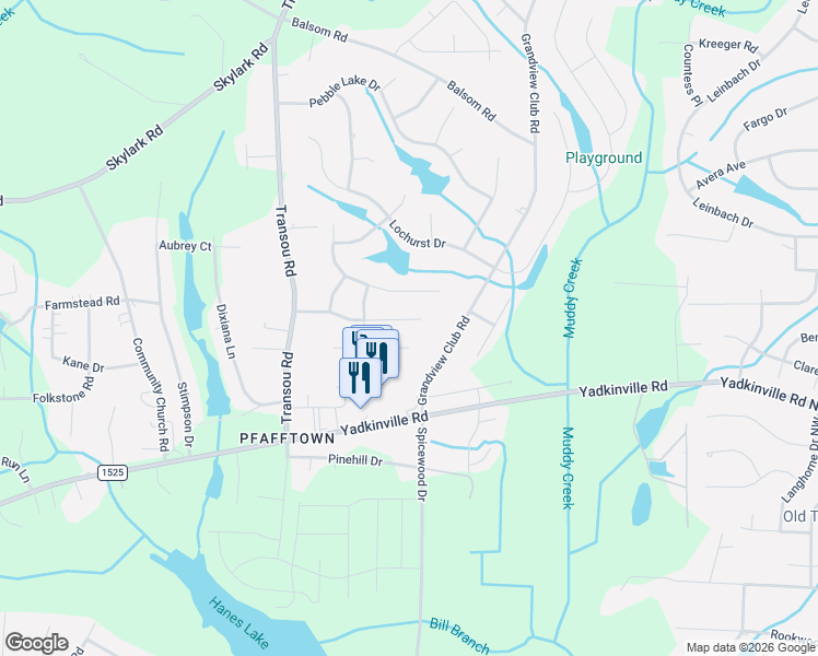 map of restaurants, bars, coffee shops, grocery stores, and more near 4535 Bottoms Rock Lane in Winston-Salem