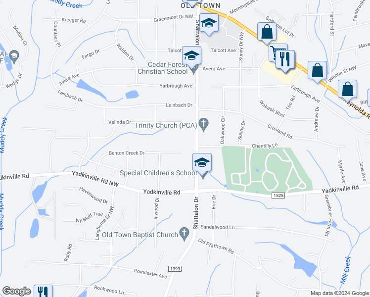 map of restaurants, bars, coffee shops, grocery stores, and more near 4540 Shattalon Drive in Winston-Salem