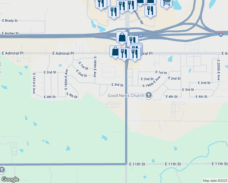 map of restaurants, bars, coffee shops, grocery stores, and more near 322 South 192nd East Avenue in Tulsa