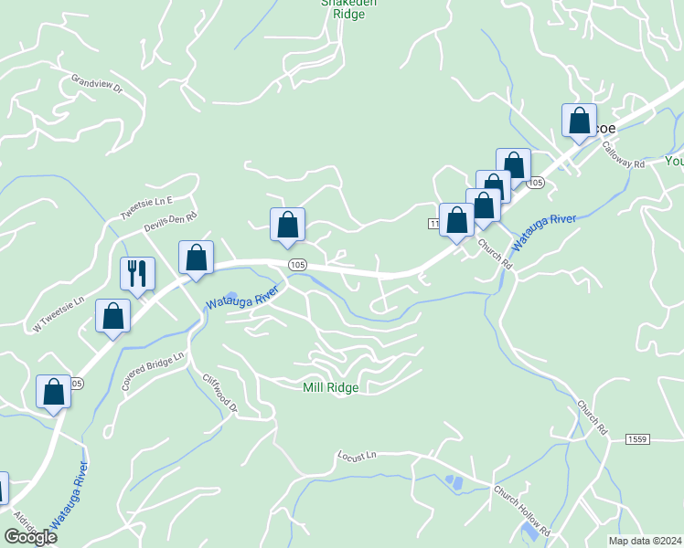 map of restaurants, bars, coffee shops, grocery stores, and more near 9311 Highway 105 in Banner Elk