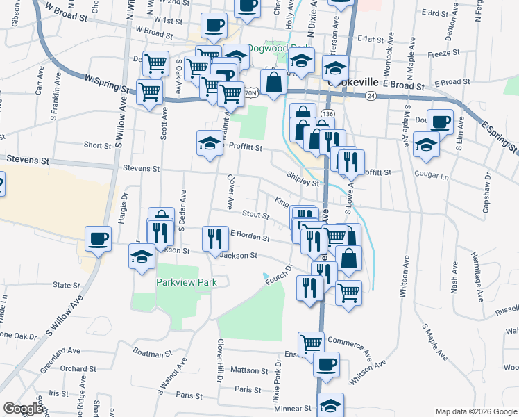 map of restaurants, bars, coffee shops, grocery stores, and more near 450 Cookeville Highway in South Carthage