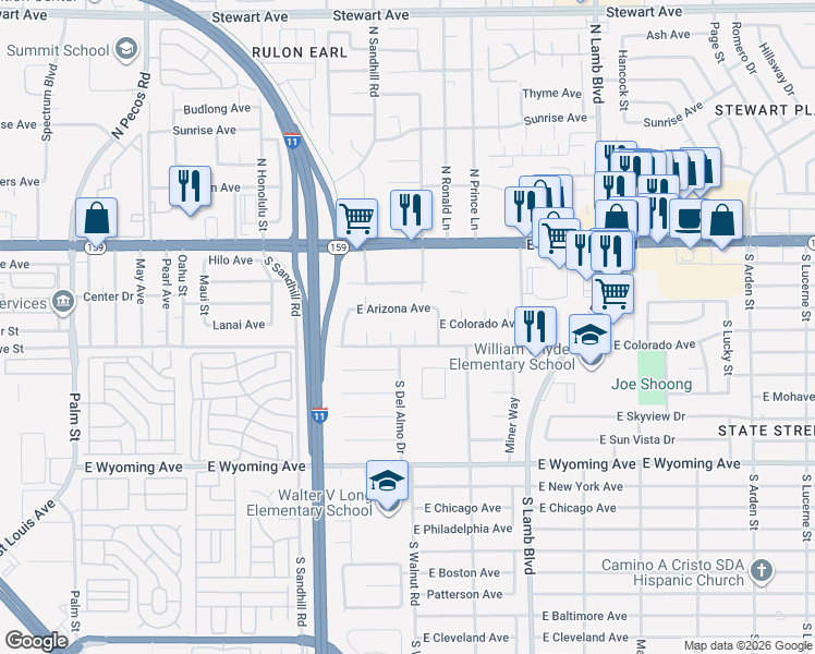 map of restaurants, bars, coffee shops, grocery stores, and more near 1406 South Walnut Grove Court in Las Vegas