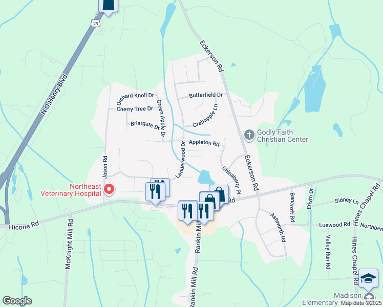 map of restaurants, bars, coffee shops, grocery stores, and more near 4105 Sunbury Drive in Greensboro