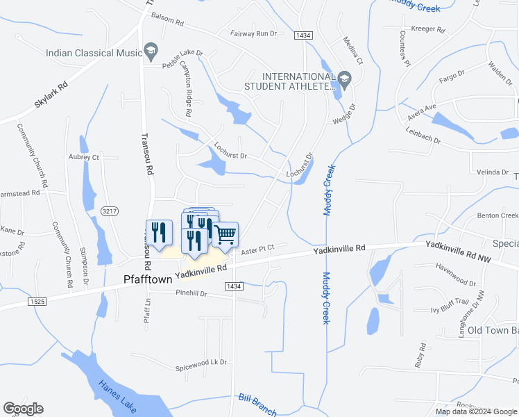 map of restaurants, bars, coffee shops, grocery stores, and more near 3259 Grandview Club Road in Pfafftown