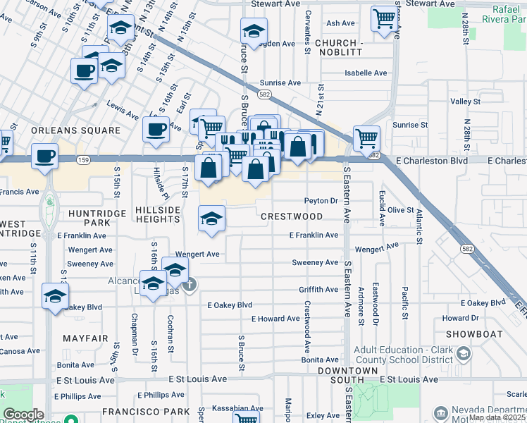 map of restaurants, bars, coffee shops, grocery stores, and more near 1903 Houston Drive in Las Vegas