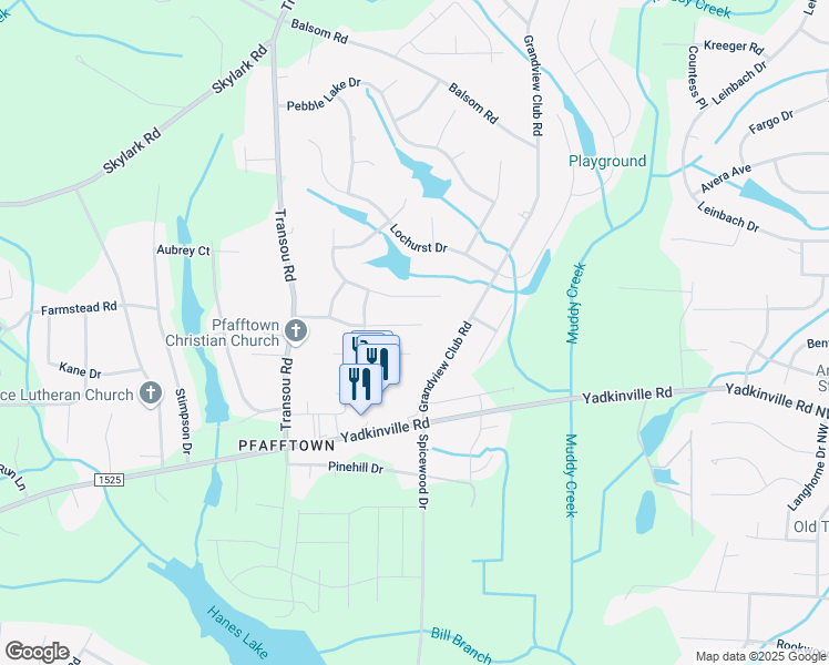 map of restaurants, bars, coffee shops, grocery stores, and more near 4520 Peter Pfaff Drive in Pfafftown