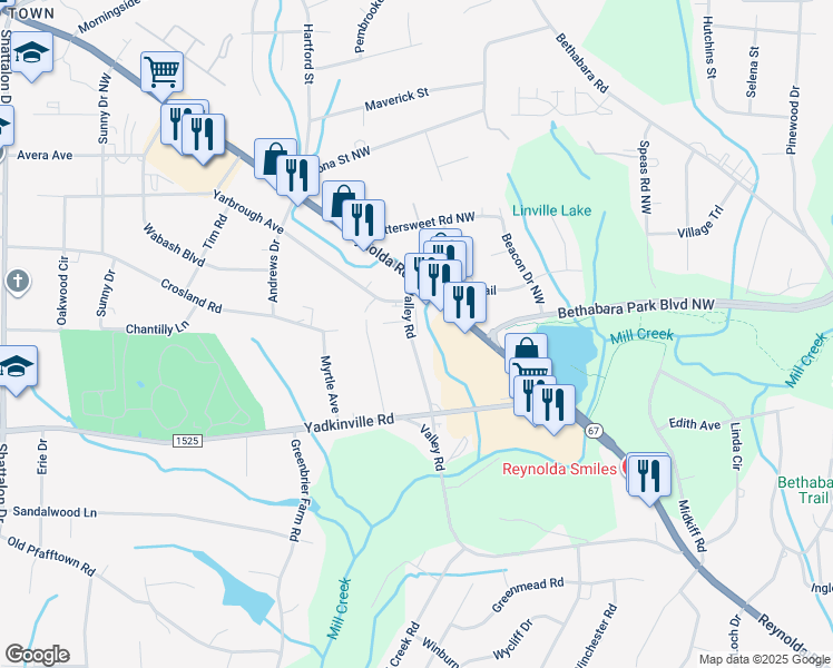map of restaurants, bars, coffee shops, grocery stores, and more near 3451 Valley Road in Winston-Salem