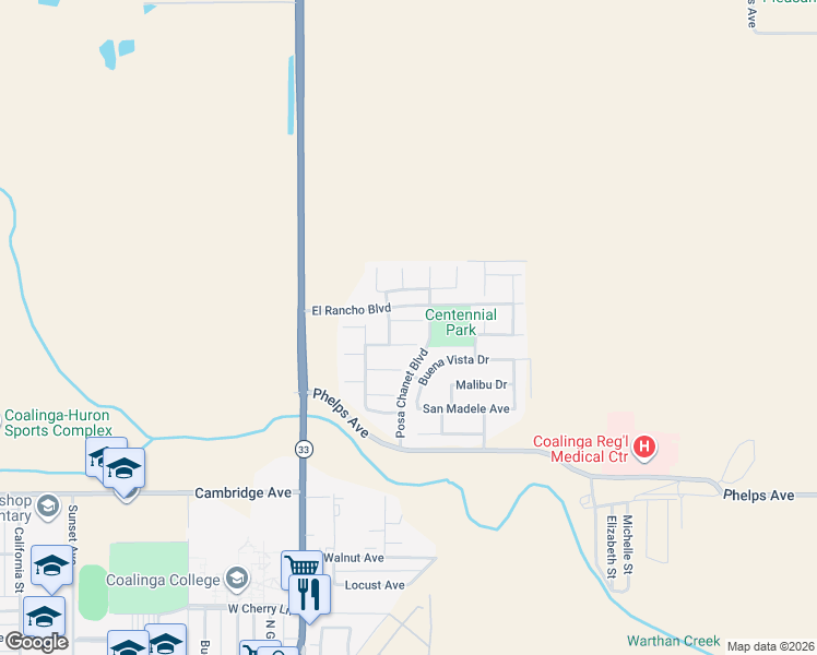 map of restaurants, bars, coffee shops, grocery stores, and more near 1971 Hacienda Drive in Coalinga