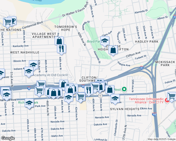 map of restaurants, bars, coffee shops, grocery stores, and more near 613 40th Avenue North in Nashville